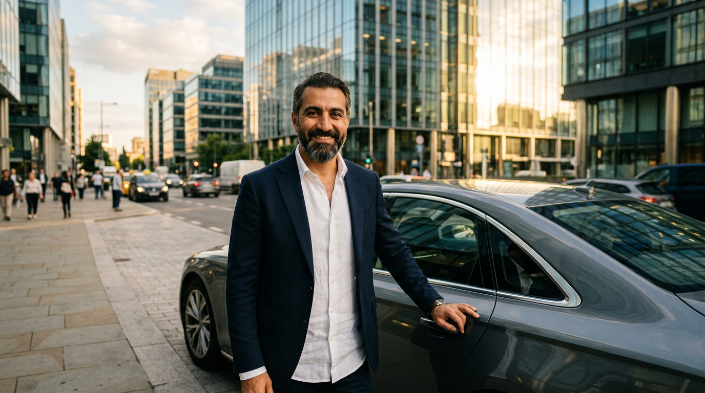 Successful professional of Middle Eastern background standing next to a modern car in a Canadian city