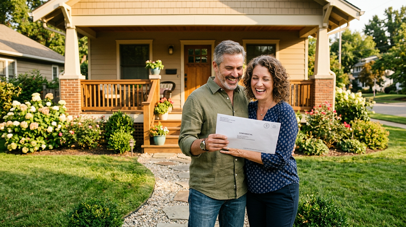 Happy couple in their 50s holding an official envelope in front of their home, celebrating a career milestone