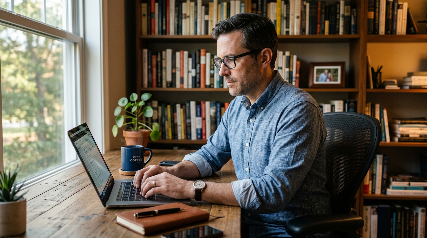 Professional man in his 40s studying on a laptop at a home office desk